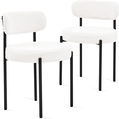 Dining Chairs Set of 2, White Boucle Dining Chair, Curved Backrest Upholstered Dining Room Chairs with Black Metal Legs, Mid Century Modern Dining Chairs for Kitchen, Living Room, White