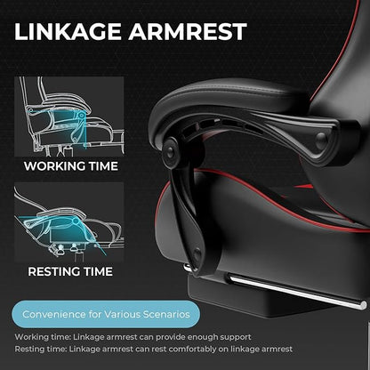 GTPLAYER Gaming Chair, Computer Chair with Footrest and Lumbar Support, Height Adjustable Game Chair with 360°-Swivel Seat and Headrest and for Office or Gaming (Faux Leather, Red)