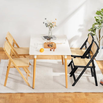 Rattan Folding Chairs, Modern Mid Century Dining Chairs Set of 2, Outdoor Bamboo Chairs for Bedroom Living Room Reading Room Dining Kitchen, Black