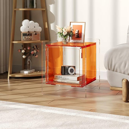 Acrylic End Table, Side Table Nightstand with Open Storage Shelf, 2-Tier Bedside Table Home Decor Display for Bedroom, Living Room, Office (1, Orange)