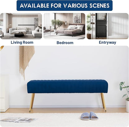 Furniliving Bedroom Bench Velvet Ottoman Bench with Skin-Friendly Velvet, 44.8’’ Upholstered End of Bed Bench, Soft Indoor Benches with Golden Finished Tapered Legs for Living Room, Entryway, Blue