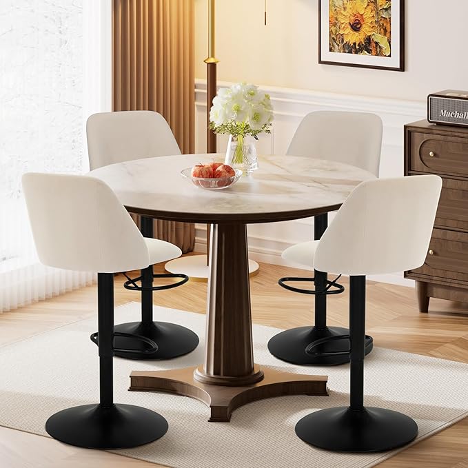 COLAMY Bar Stools Set of 6, Modern Swivel Bar Chairs, Adjustable Upholstered Barstools Counter Height with Full Backrest for Bar, Dining Room, Kitchen Island, Beige