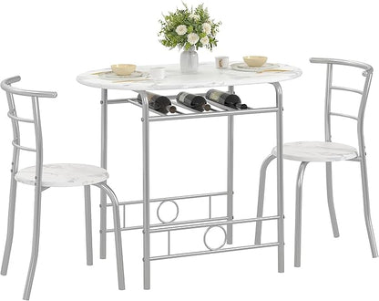 VECELO 3-Piece Dining Table Set for Kitchen Breakfast Nook, Faux Marbled Oval Tabletop and Metal Frame with Built-in Wine Rack, for Small Spaces, White & Silver