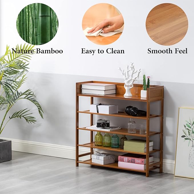 Shoe Rack Organizer, 5 Tier Bamboo Shoe Rack for Entryway, Front Door for Entryway,Closet and Bedroom Storage, Shoe Shelf（Brown）