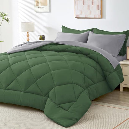 HEVUMYI Twin-XL Comforter Set - 5-Piece All Season Bed in a Bag Twin-XL, Ultra Soft Bedding Set with Comforter, Flat Sheet, Fitted Sheet, Pillowcases, Pillow Shams, Green & Light Grey