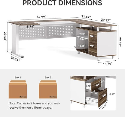 LITTLE TREE Large Computer Desk with File Cabinet, 63 Inch Executive Desk L Shaped Office Desk with Drawers and Storage Shelves, Business Furniture Desk Workstation for Home Office