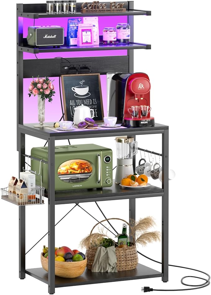 Aheaplus Bakers Rack with Power Outlet, Microwave Stand, 5 Tiers Coffee Bar Station with Led Lights, Kitchen Storage Shelf with 6 S-Shaped Hooks, Kitchen Rack for Spices, Pots and Pans, Black