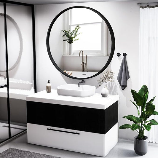 HOMECOOKIN Wood Round Wall Mirror, Large Circle Rustic Accent Decor Mirror, Hanging Bathroom with Frame for Living Room, Bedroom, Entryway, 24 inch, Black
