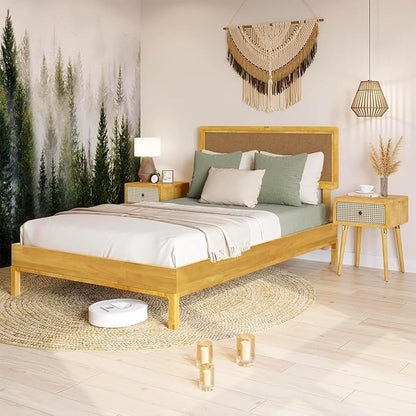 Bme Nipe Queen 14 Inch Bohemian Bed Frame with Adjustable Woven Headboard - Rustic & Vintage Unique Style with Acacia Wood - No Box Spring Needed - Easy Assembly - Natural