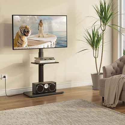Greenstell TV Stand with Power Outlet & AV Shelf, Universal Floor TV Stand for 32-75 inch TV, Swivel Tall TV Mount Stand, Holds up to 110 LBs,Height Adjustable and Wood Base, Max VESA 600x400mm,Black