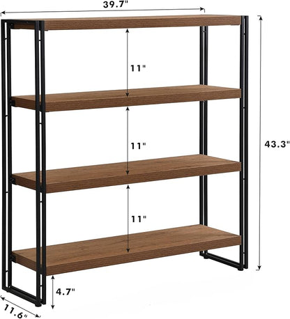 4 Tier Bookshelf Rustic Industrial Bookcase with Modern Open Wood Shelves, Brown
