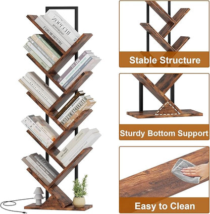 Tree Book Shelf with LED Lights, 9 Tier Floor Standing Bookcase, Classical Corner Shelf Kids Bookshelf, Tall Wood Book Storage for Bedroom, Living Room, Home Office, Brown