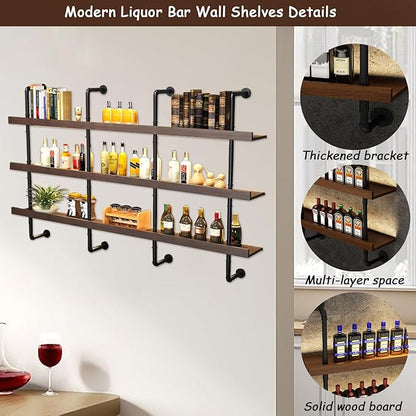 39.7in Large Wine Rack with LED Light Solid Wood Wall Mounted Wine Rack, 3-Tiers Liquor Bottles Floating Shelves Display Storage Organizer for Home Bar & Dining Room (100cm/39.7in)