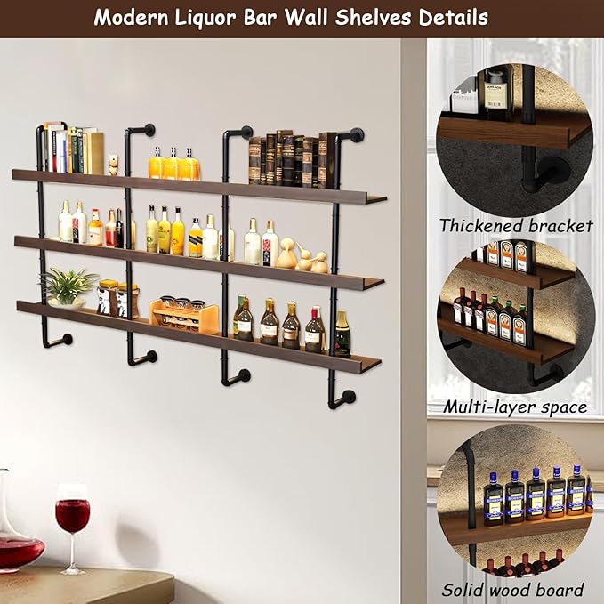 55.1in Large Wine Rack with LED Light Solid Wood Wall Mounted Wine Rack, 3-Tiers Liquor Bottles Floating Shelves Display Storage Organizer for Home Bar & Dining Room (140cm/55.1in)