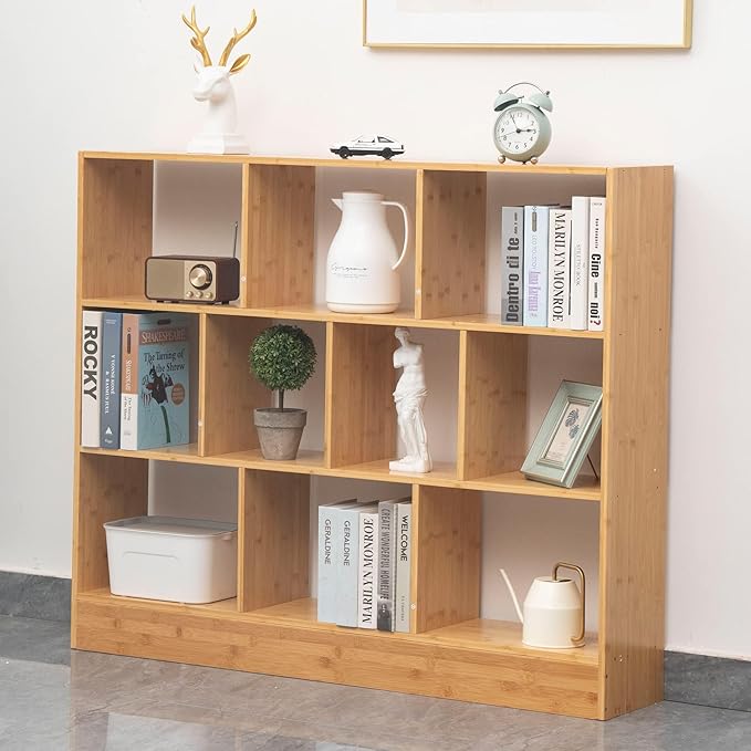 Maydear 47.24” Bamboo Bookshelf, 10 Cube Bookshelf with Base 3 Tier Open Shelf Bookcases, Freestanding Book Storage Organizer Display Shelf for Bedroom, Living Room, Home Office