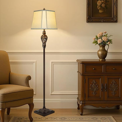 Vintage Floor Lamp with Night Light, 65" Retro Standing Lamp with Brown Finish and Beige Faux Silk Shade, Farmhouse Industrial Design Tall Lamp for Living Room Bedroom Bedside Corner (Bulb Included)
