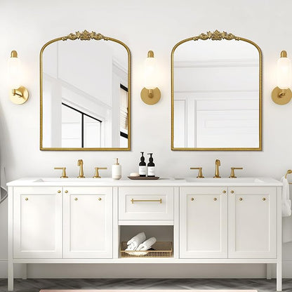 WallBeyond Gold Vintage Mirror - 24x32 Inch, Arched Antique Mirror with Ornate Frame for Bathroom, Living Room, Fireplace, Entryway