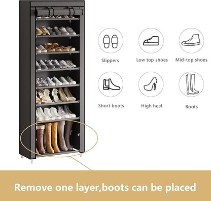 Calmootey 9 Tier Shoe Rack Organizer,Portable Shoe Shelf with Nonwoven Fabric Cover for Closet Hallway,Bedroom,Entryway,Grey