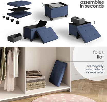STORAGEBUD Storage Ottoman Cube with Small Bin, 16-in Square Ottoman with Storage for Living Room and Bedroom, Small Ottomans Foot Rest, Fabric Foot Stools Ottomans Max 330lbs, Blue
