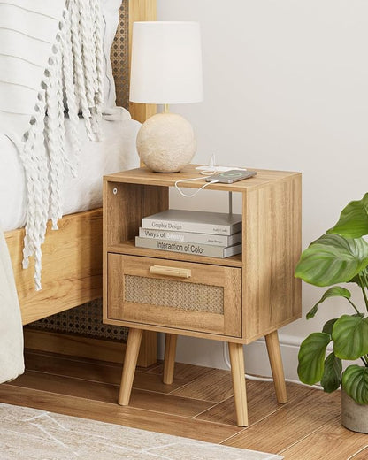 Rattan Nightstand with Charging Station, Small Night Stand, Side Table with Drawer Open Shelf, Cane Accent Bedside End Table with Wood Legs, Modern Nightstand for Bedroom, Oak (Modern)