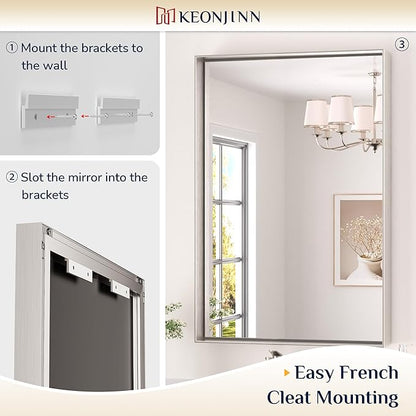 Keonjinn 24 x 32 in Brushed Nickel Bathroom Mirror for Wall, Silver Rectangular Metal Framed Vanity Mirror for Bathroom Sink Square Corner Aluminum Alloy Modern Rectangle Mirror(Horizontal/Vertical)