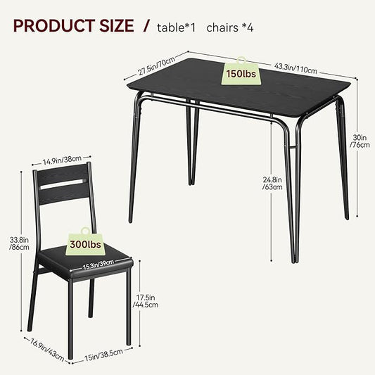 5 Piece Dining Table Set for 4, Compact Square Table Chairs, Sturdy MDF Top, Metal Frame, Space-Saving Breakfast Set for Kitchen, Apartment, Office, Easy Assembly Wipe-Clean