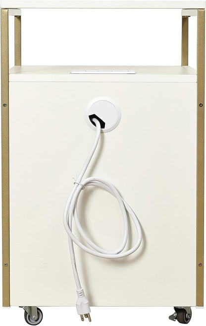 Modern 2-Drawer Rolling File Cabinet with Lock, 2 USB Ports and Power Outlet for Device Charging, Portable File Organizer or Printer Stand for Office or Home with Locking Wheels, White & Gold