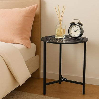 2 Packs 13" Metal Outdoor Side Tables Small Black Outside End Table for Patio Round Accent Corner Stand for Small Spaces Weather-Resistant Coffee Table for Balcony Porch Plant Stand, Pinna Form Leaf
