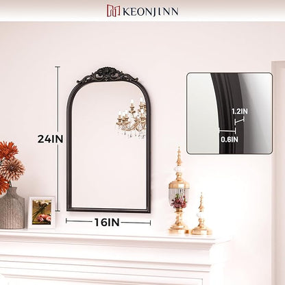 Keonjinn Black Vintage Arched Mirror for Wall, 16" x 24" Antique Mirrors with Metal Frame, Baroque Style Decoration for Mantle, Bathroom, Living Room, Fireplace, Bedroom, French Cleat Mounting