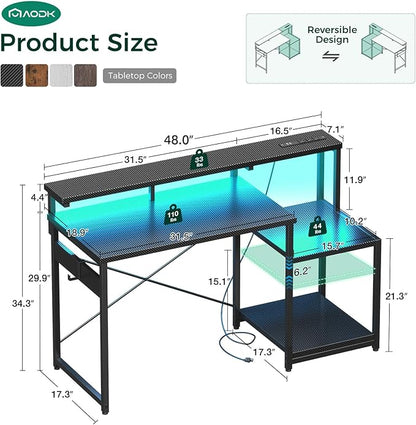 AODK Computer Desk, 48 Inch Gaming Desk with Led Lights & Power Outlet, Office Desk with Storage Shelves, Reversible Desk with Monitor Shelf & Headphone Hook, Carbon Fiber Black
