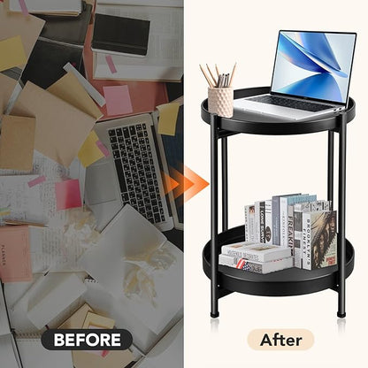 Small Side Table Round for Small Spaces Indoor Outdoor, Mini End Table Metal, 2 Tier Plant Stand Foldable, Bedside Table for Living Room, Bed Side, Sofa Side, Patio, Night Stand 20.5'' Tall, Black