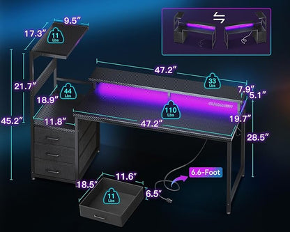 AODK 59 Inch Gaming Desk with USB Charging Ports & LED Light- Reversible Computer Desk with Storage Shelves & Monitor Stand, Modern Gamer Desk Table with Fabric Drawers & Side Hook, Carbon Fiber Black