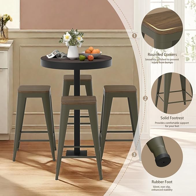 26 inch Backless Bar Stools Set of 4, Indoor Metal Bar Stools with Wood Seat, Industrial Counter Height Barstools for Kitchen Island, Rusty