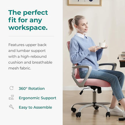 Office Chair, Computer Gaming Chair with Arms, Ergonomic Home Office Desk Chairs with Wheels, Mid-Back Task Rolling Chair with Lumbar Support, Comfy Mesh Swivel Executive Chair