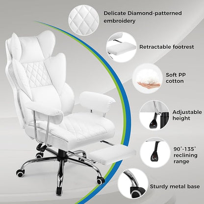 GTRACING Gaming Chair,Office Chair with Pocket Spring Lumbar Support, Ergonomic Comfortable Wide Office Desk Computer Chair with Outward Fixed Soft Armrests and Footrest,(PU Leather, White)