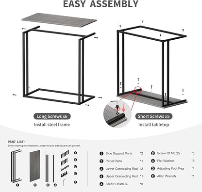 C-Shaped Side Table, Modern End Table with Metal Frame, Space Saving Design for Living Room，Large Surface Couch Table for Bedroom, and Home Office，24 x 12 x 24 inches (Grey)