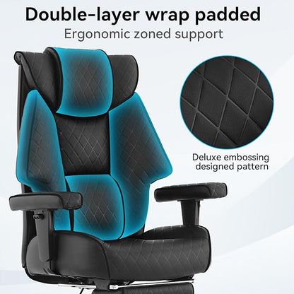 Big and Tall Office Chair with Footrest, PU Leather High Back Executive Office Chair 400lbs, Ergonomic Computer Chairs Lumbar Support for Heavy People (All Black)