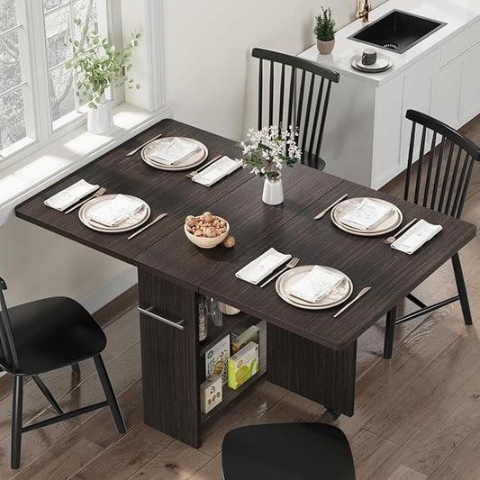 GarveeHome Folding Dining Table, Space Saving Farmhouse Dining Table for 4 Storage Shelf, 6 Wheels Multipose Expandable Kitchen Drop Leaf Table for Small Space (Dark Walnut, 47.2"D x 23.6"W x 29.5"H)