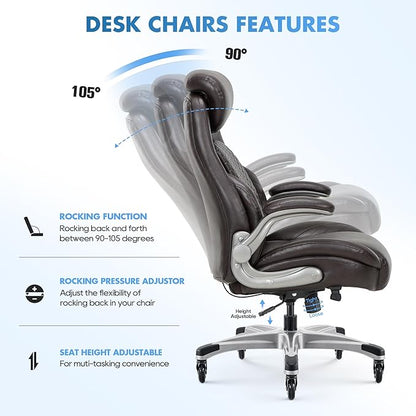 COLAMY Office Ergonomic Desk High Back Executive Chair with Pop-Out Lumbar Support, Upgraded Casters, Adjustable Headrest, Flip-Up Arms, Leather Home with Thick Cushion for Comfort - Brown