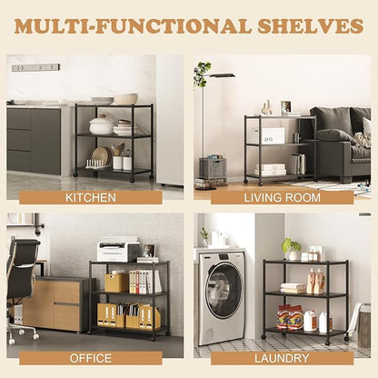 ZZL 3 Tier Small Bookshelf 31.49" Width,Metal Bookcase w/Wheels,Industrial Book Shelves for Home Office,Bedroom,School,Living Room(Black)