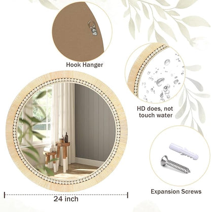 ULIKE Round Rattan Mirror, Bathroom 24 Inch Rustic Farmhouse Wall Decor with Handmade Wicker Frame, Boho Mirror for Nursery Bedroom Living Room Entryway