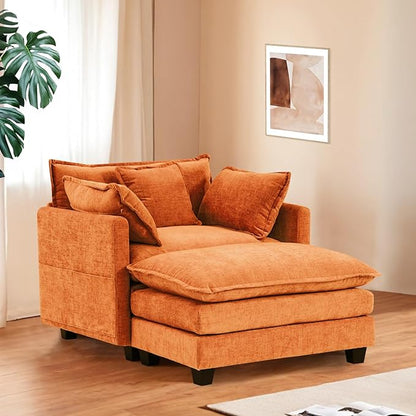 Furniliving Oversized Accent Chair with Ottoman, Luxury Chenille Single Sofa, Upholstered Deep Seat Chaise Lounge with Pillows for Living Room, Bedroom, Apartment, Orange