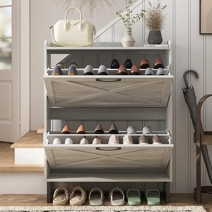 Maupvit Shoe Storage Cabinet with 2 Flip Drawers, Freestanding Organizer with Metal Legs for Entryway, Narrow Shoe Rack Cabinet, Beige