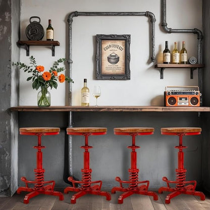 4-Piece American Antique Steampunk Bar Stool 24.41"-28.35" Vintage Industrial Adjustable Swivel Backless Counter Stool for Home, Dining, Breakfast, Pub, (Heavy Duty Metal & Wood, Aged Red, Brown Top)