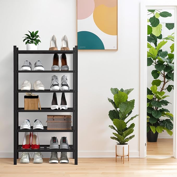Haddockway small 6 Tier Bamboo Shoe Rack Storage Organizer, Multifunctional Free Standing Stackable Shoe Shelf with Grid Panel for Closet,Hallway,Entryway,Small Space 18"x11"x34"(Black, 6-Tier(Small))