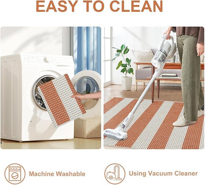 OJIA Fall Front Door Mat 24"x36" Cotton Woven Washable Striped Porch Rug Indoor Halloween Doormat Small Outdoor Rugs Farmhouse Entry Rug Kitchen Throw Rugs for Layered Door Mats (Orange/White/Tan)
