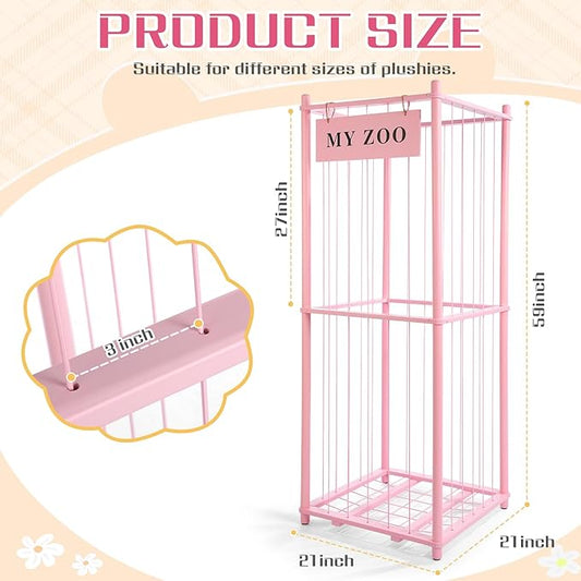 Stuffed Animal Storage Zoo, Wooden Stuffed Animal Organizer with Elastic Cords for Boys Girls, Space Saving Toy Plushies Storage Holder for Playroom, Bedroom, Living Room (Pink, Large)