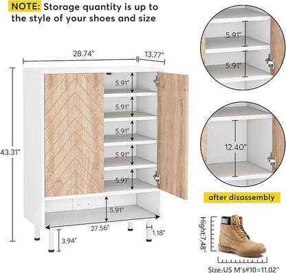 Tribesigns Shoe Cabinet, 18 Pair Rack Organizer Cabinet with Door, 6-Tier Modern Storage Shelves for Entryway Hallway Closet, White and Brown