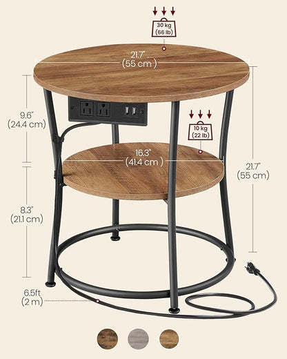 VASAGLE Side Table, 2-Tier Round End Table with Power Outlets, Nightstand with Steel Frame for Small Spaces, Living Room, Bedroom, Honey Brown and Ink Black ULET077K02