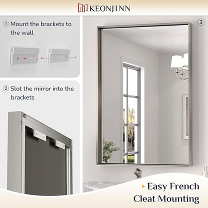 Keonjinn Brushed Nickel Bathroom Mirror 60 x 40 in Rectangle Frame Mirror for Over Sink, Rectangular Metal Framed Vanity Mirror Square Corner Aluminum Alloy Modern Silver Mirror(Horizontal/Vertical)